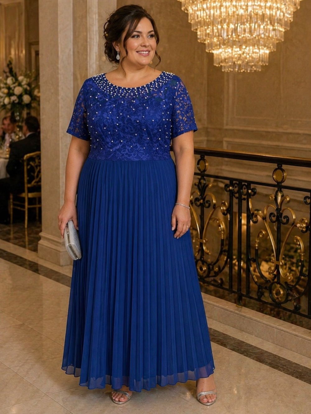 SHEIN Royal Blue Lace Dress with Pearl Details